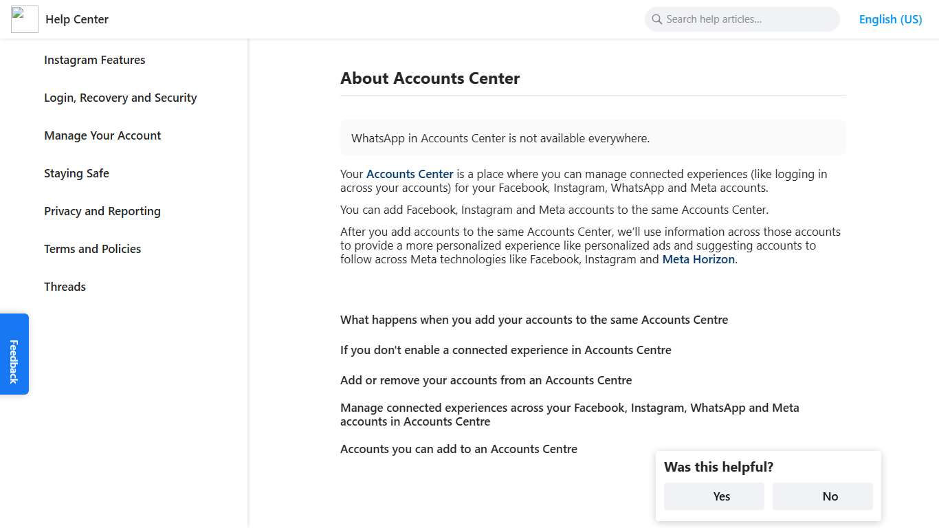 About Accounts Center Instagram Help Center